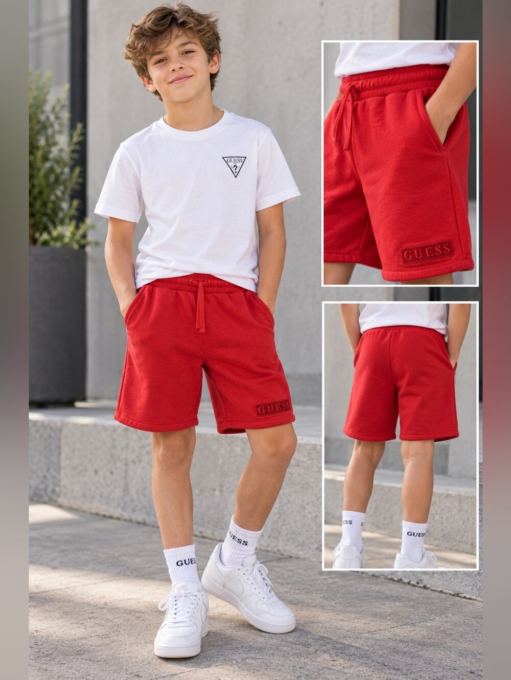 GUESS Boys Size 12 Red Fleece Logo Drawstring Shorts